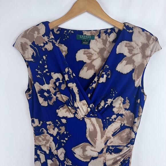 Lauren By Ralph Lauren Floral Print Blue And Tan Color Ruched Side 6 - Picture 3 of 9
